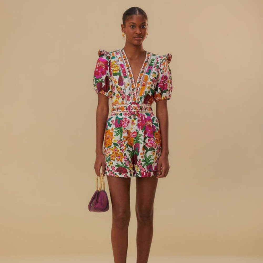 FARM RIOA Off-White Flowerful Sketch Romper